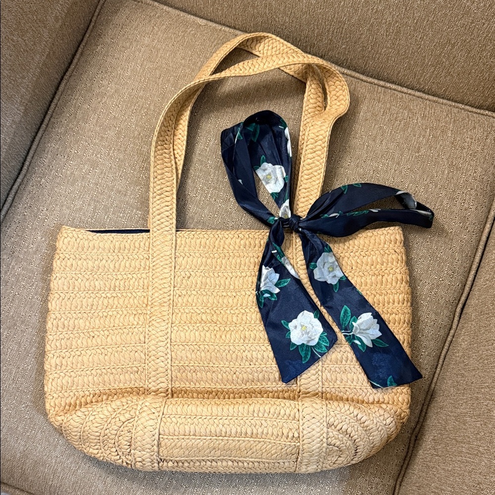 Draper James Tan Woven Tote with Navy Floral Bow